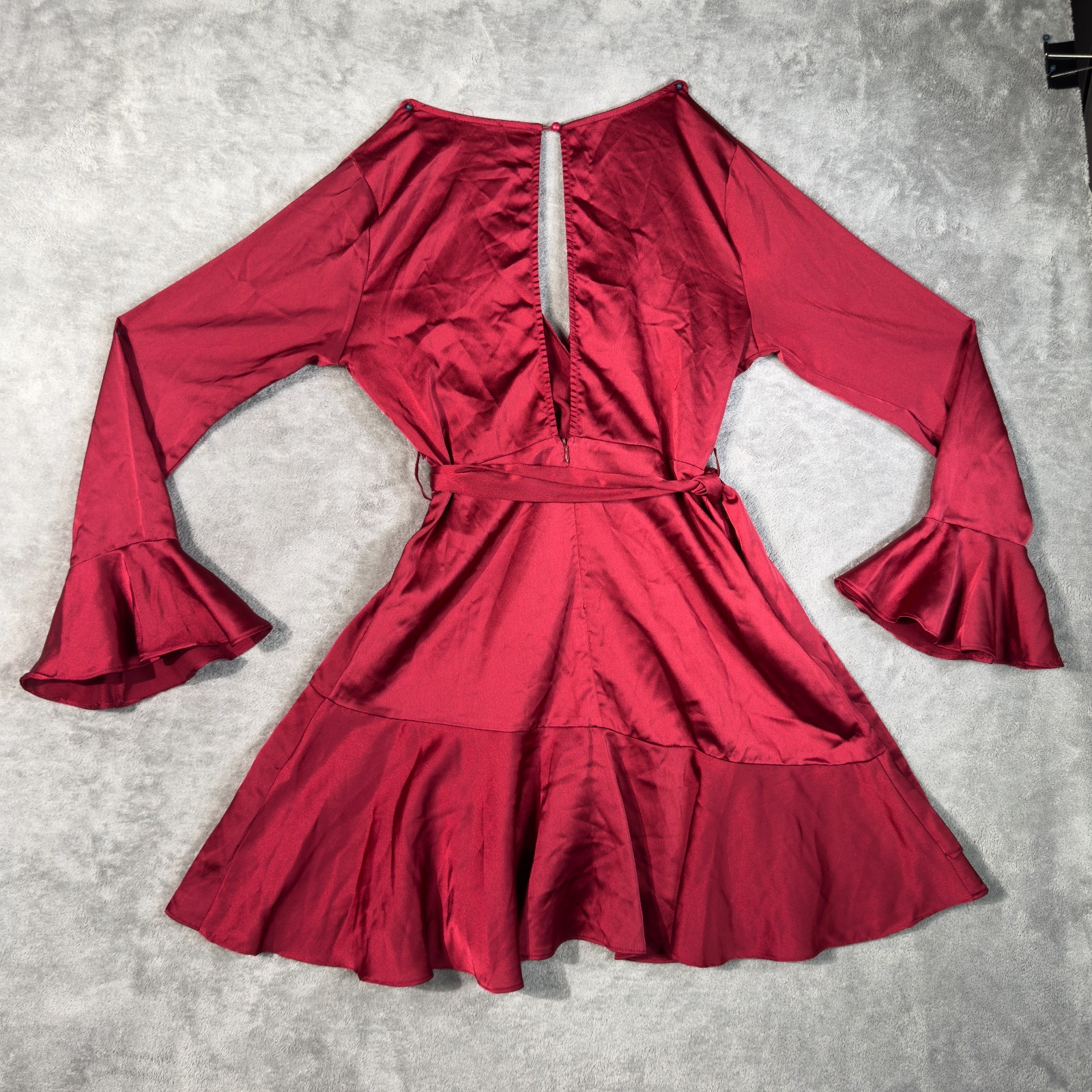 SHEIN Burgundy Wrap Style Mini Dress M Bell Sleeve Ruffle Hem Tie Waist