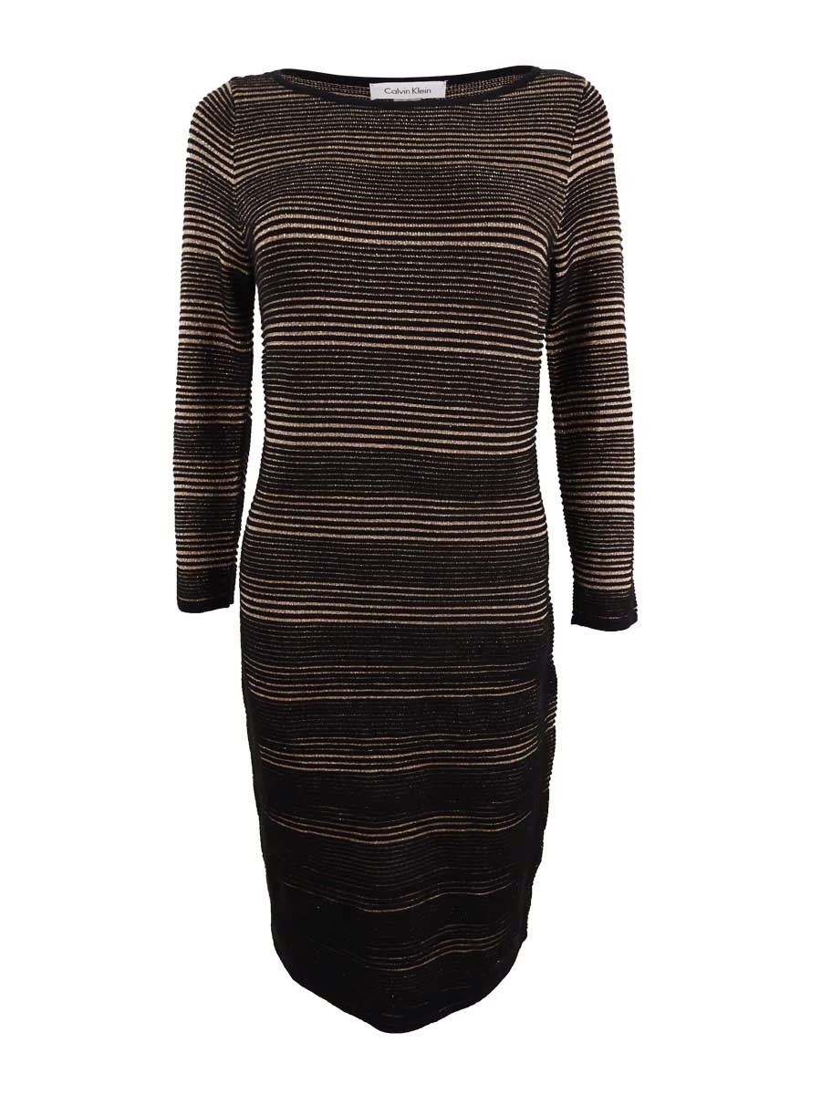 Calvin Klein Women’s Metallic Mini-Striped Sweater Dress (M, Black/Gold)