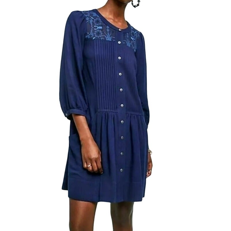 ANTHROPOLOGIE $148 Dubois Blue Embroidered Pleated Button-Up Tunic Dress Size 2