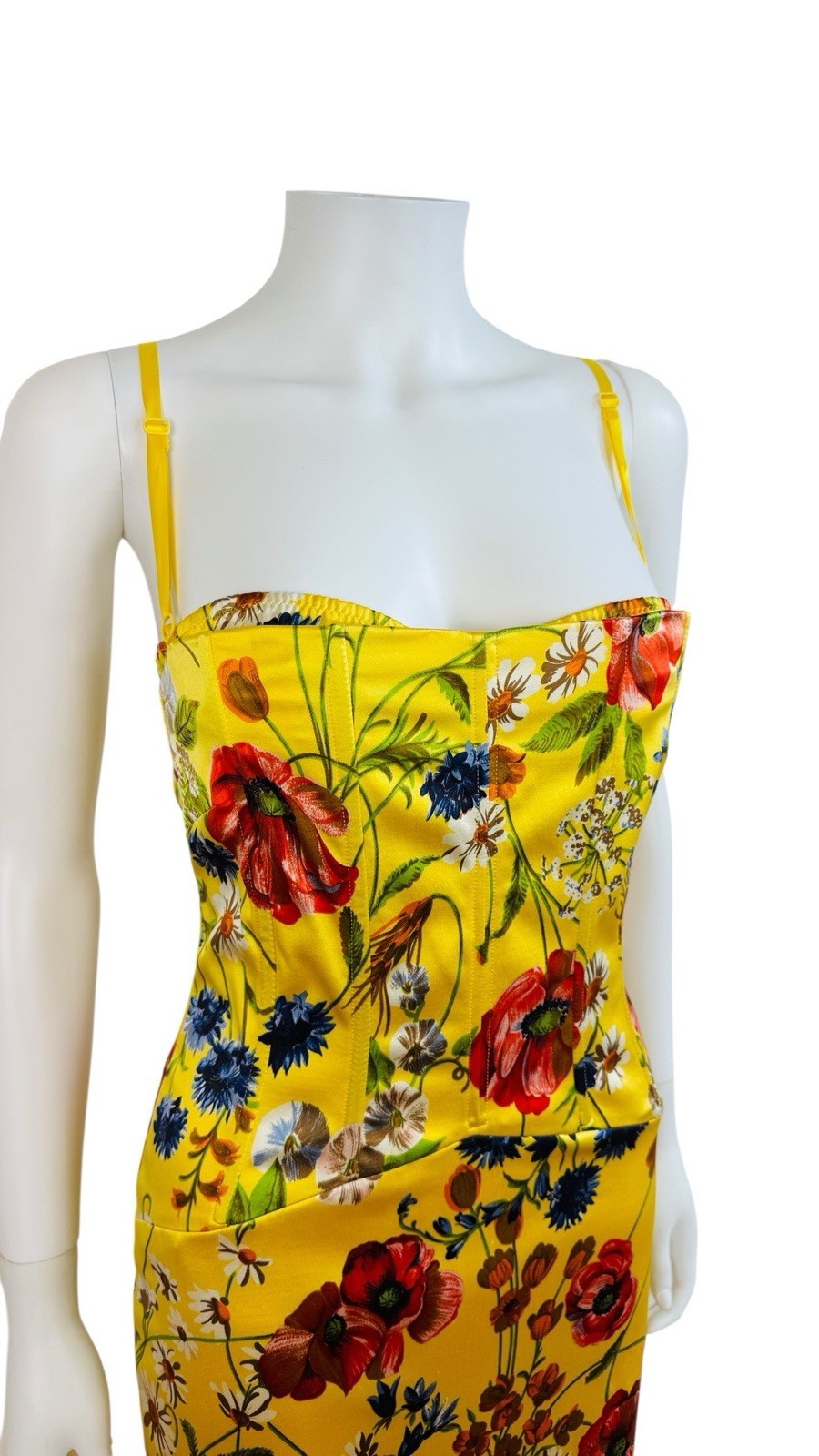 Rare Vintage 1990s Dolce + Gabbana Yellow Silk Floral Stretch Corset Dress Gown