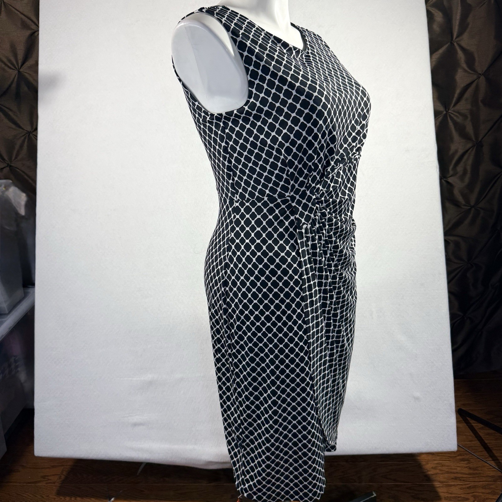 Vtg. Enfocus Studio Women’s Side Ruched Sheath Dress Black & White – Size 14W