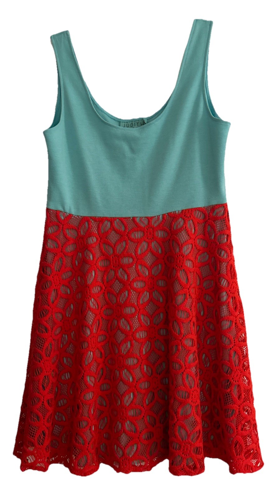 Judith March Dress Women Medium Aqua Blue Red Feminine Preppy Sleeveless Lace