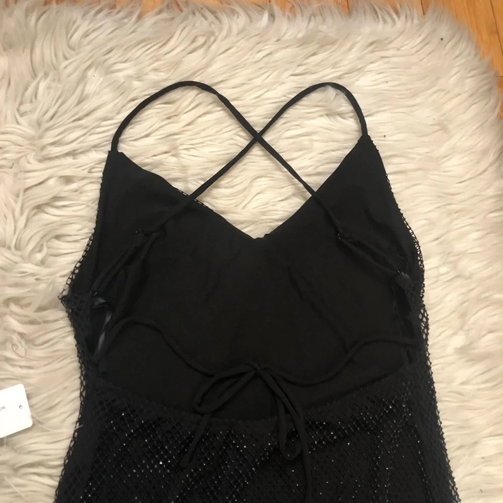 Windsor Good Vibes Fishnet Rhinestone Open Back Black Midi Dress L NWT
