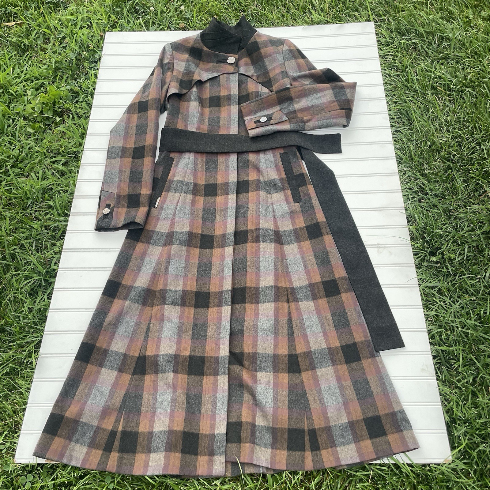 Women’s Turkish Plaid Midi Dress Jacket Belted Modest Long Sleeve Elegant Coat