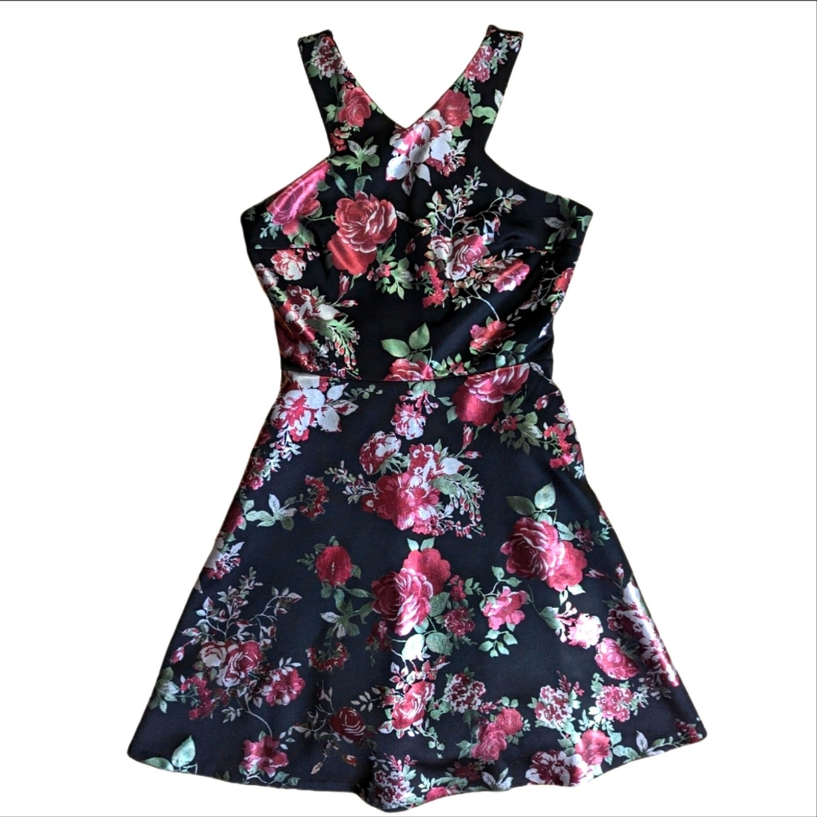 Aqua V Neck Metallic Floral Rose Fit and Flare Glam Wedding Guest Party Dress