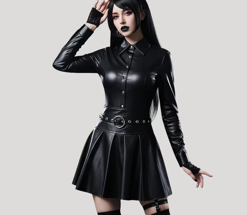 Women’s Black Leather Outfit/Gothic Cosplay Costume/Pleated Skirt Shirt Dress