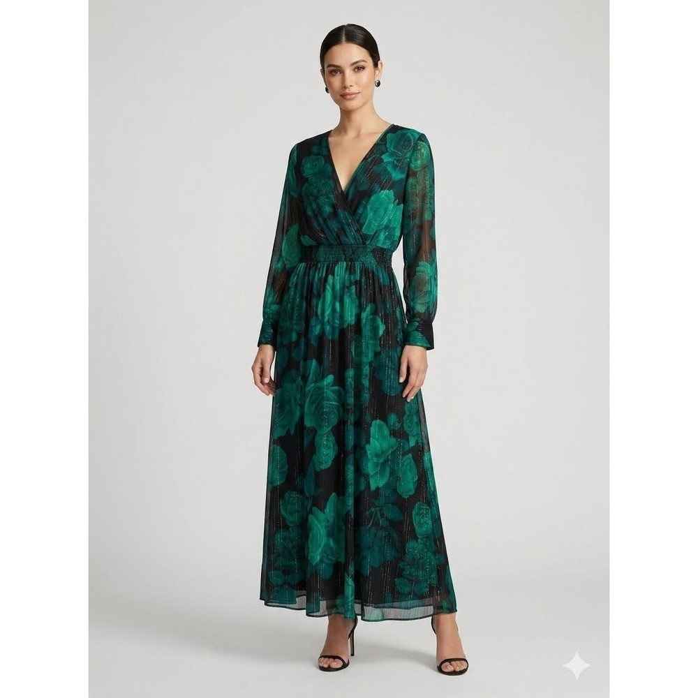 Alexa B Woman Green Black Floral Metallic Maxi Dress Smocked Waist V-Neck 14W