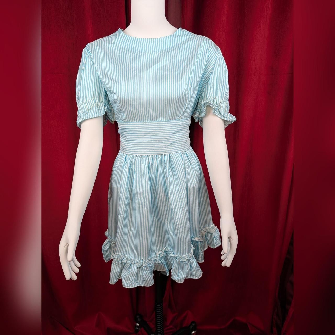 Baby Blue & White Candy Striped Short Sleeve A-line Ruffle Hem Dress