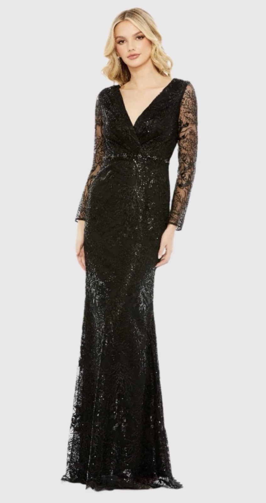 MAC DUGGAL 68016 20 EMBELLISHED WRAP OVER LONG SLEEVE BLACK GOWN