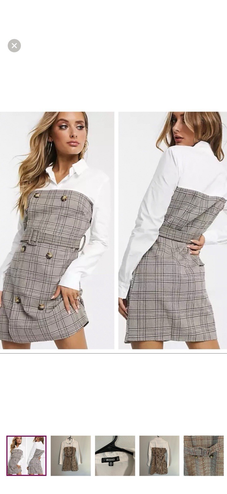 Misguided NEW w/tags Plaid Contrast Blazer Dress White Shirt Bodice Belted Sz 6