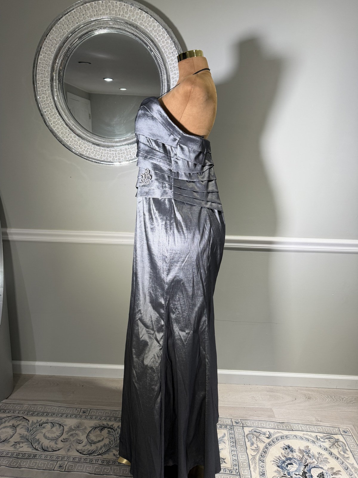 Ally’s Metallic Silver One Shoulder Formal Evening Gown Pleated Size 3XL