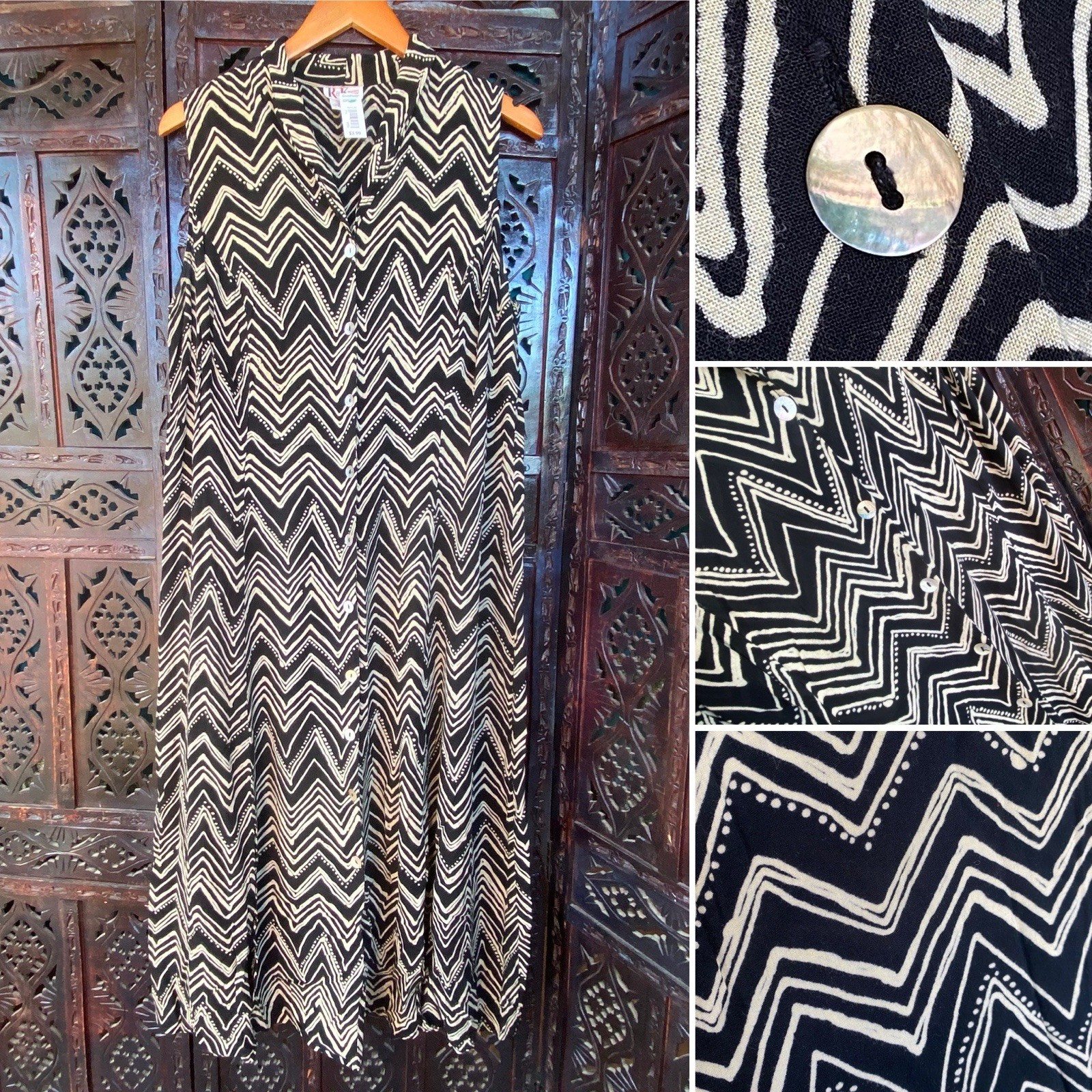 Artsy Boho Chevron Midi Dress Womens XL Tribal Art Wear Abalone Buttons Black