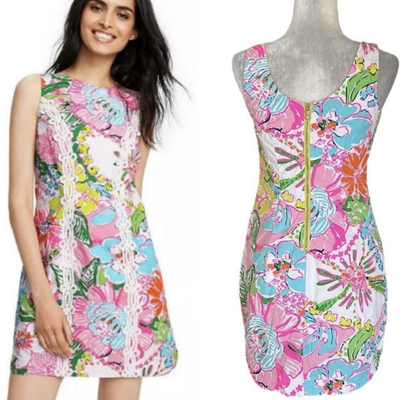 Lilly Pulitzer Pink Floral Shift Mini Dress Scoop Neck Lace Trim Zip Women 2