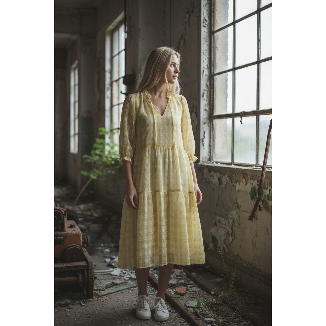Nanette Lepore Yellow Gingham Clip Dot Tiered Midi Dress Womens Size 2