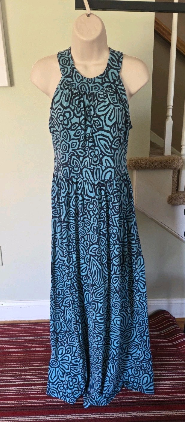 Ann Taylor Loft Turquoise and Black Geometric Patterned Maxi Dress, Size Small