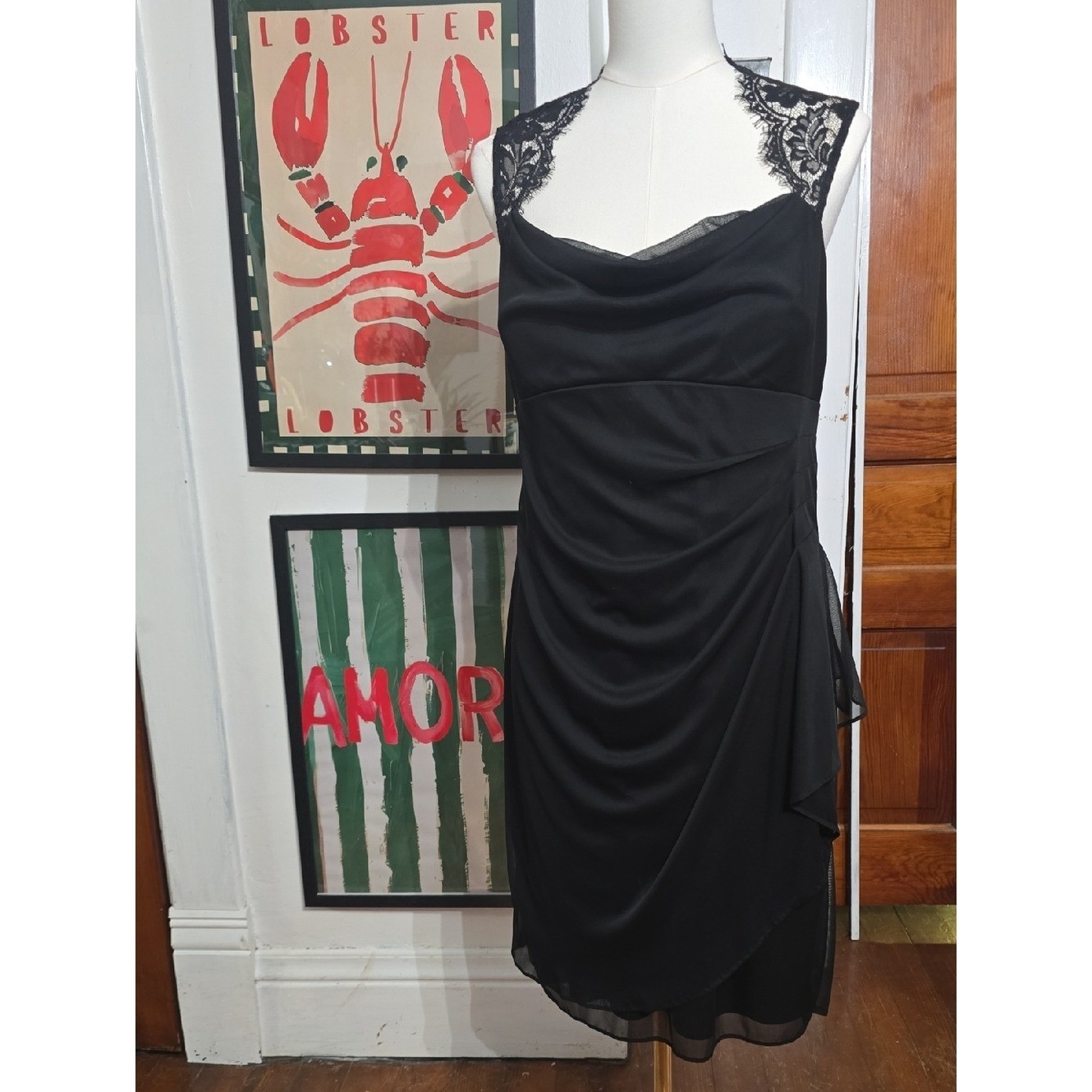 Elegant Black Lace-Shoulder Rouched Cocktail Dress Nwt 16