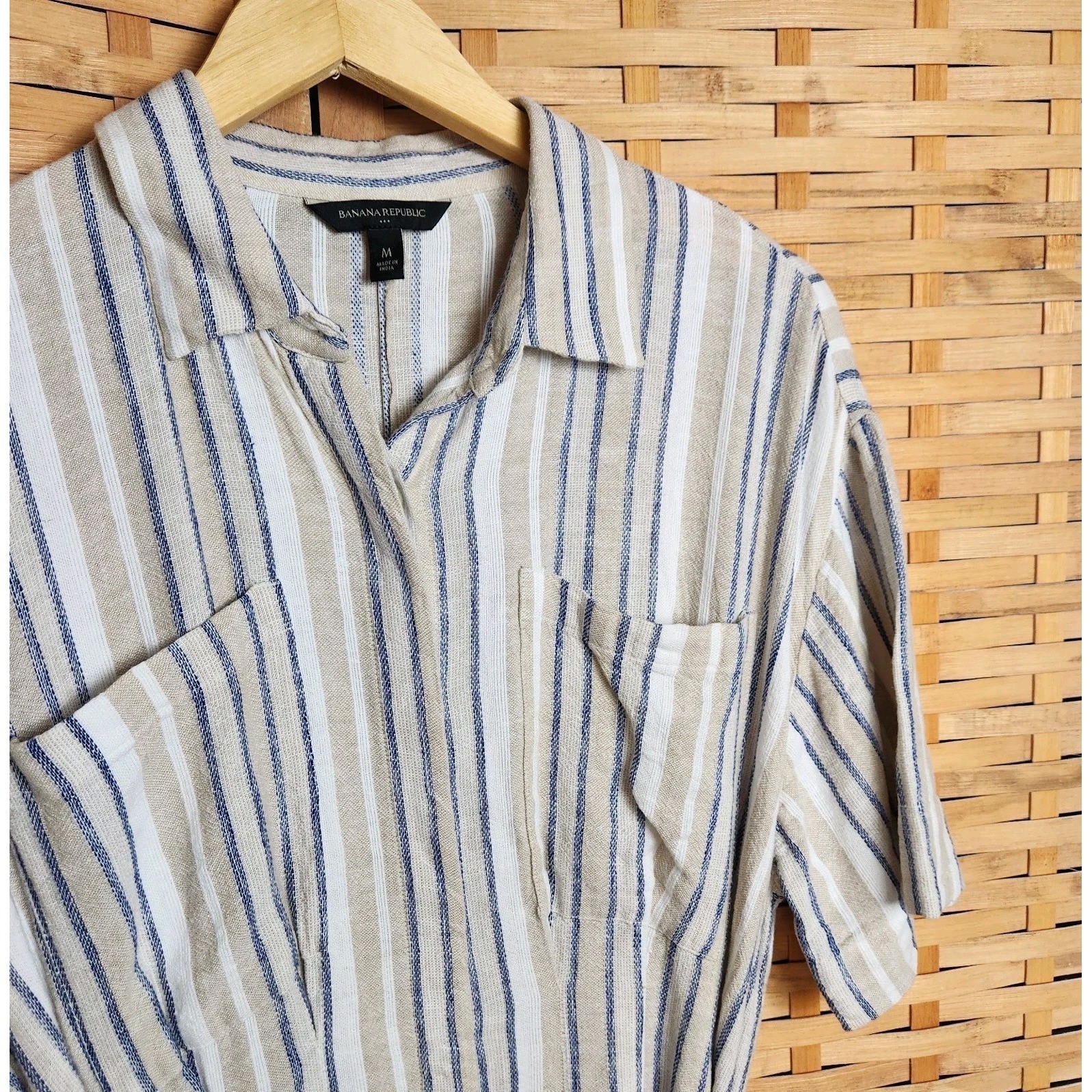 Banana Republic Linen Blend Striped Midi Shirt Dress Size M White Blue Nautical