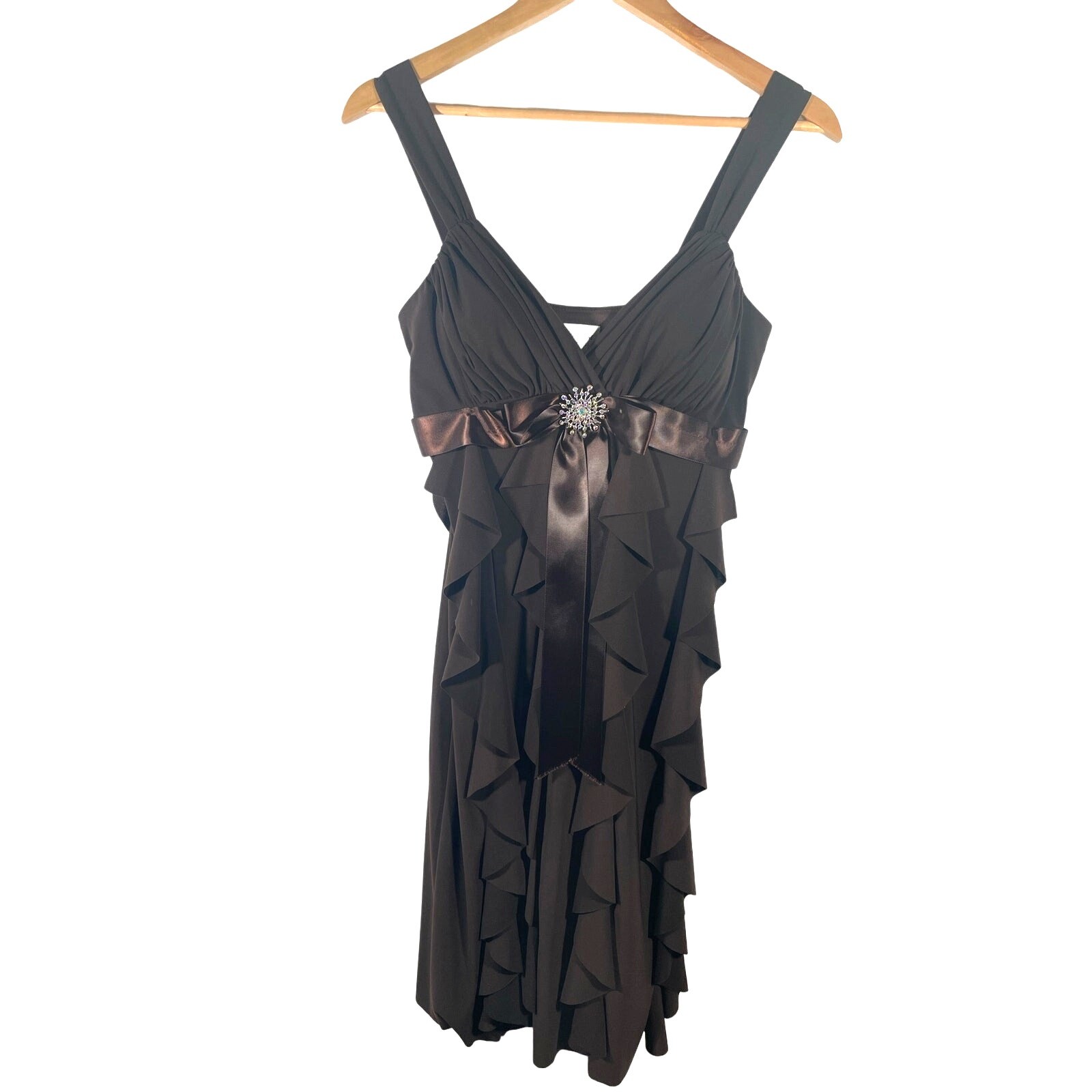 Betsy & Adam Ruffle Cocktail Dress Womens 8 Brown Rhinestone Brooch Party BA2538