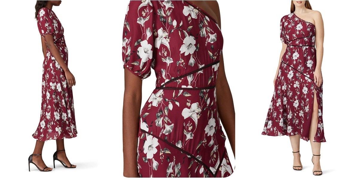 La Maison Talulah Cannes Burgundy Floral Print One Shoulder Midi Dress US 12/XL