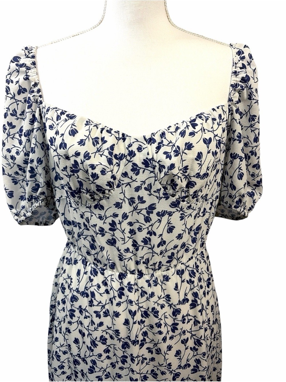 Commense Blue Square Neck Puff Sleeve Floral Cloud Midi A-Line Dress Size Large