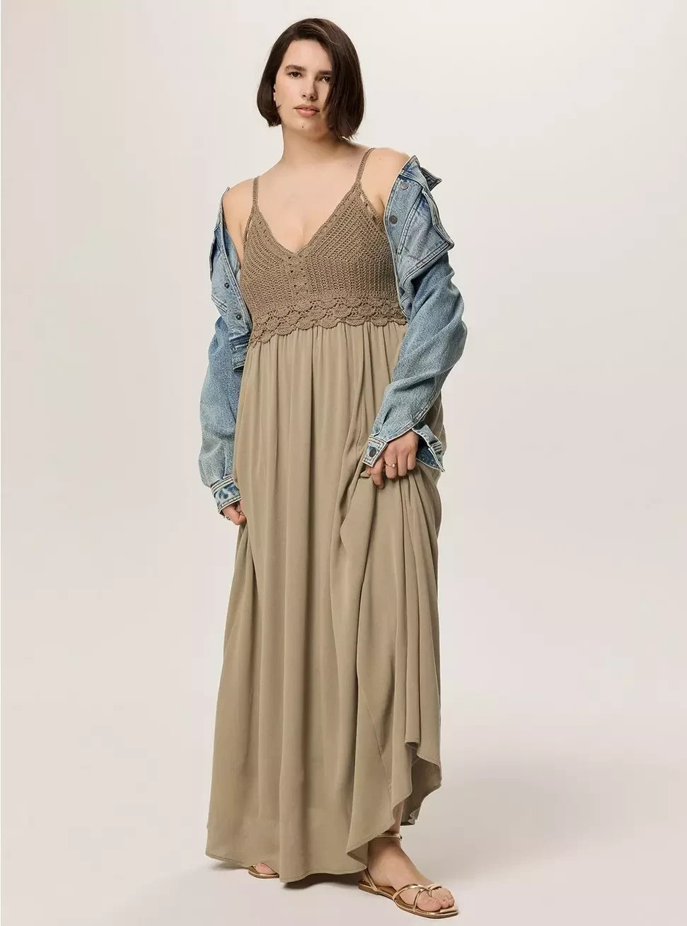 Torrid Plus 2X Festi Crochet Bodice Maxi Dress Sleeveless Pockets Olive Boho NWT