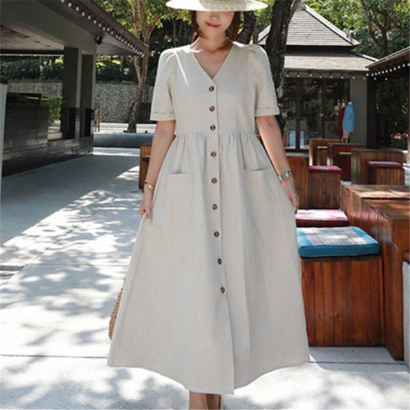 Womens Cotton Blend Dress V-neck Long Belt Button Loose Casual Fairy Apricot New