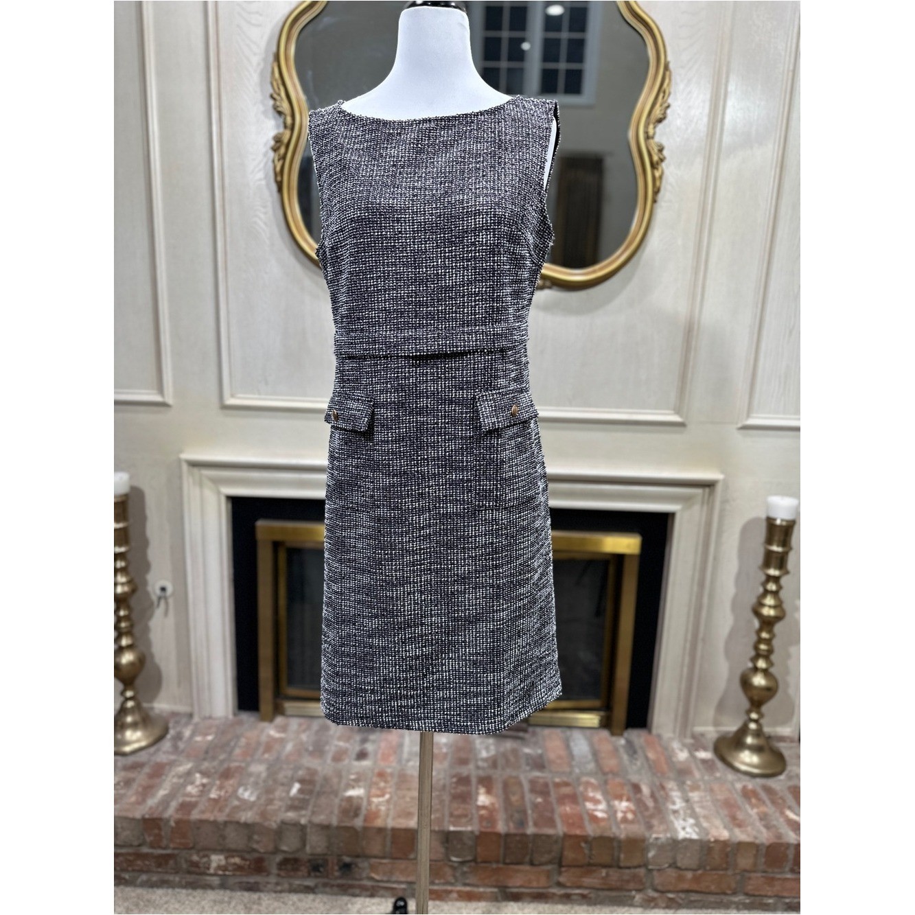 Hobemty Shift Dress M Black White Tweed Metallic Old Money Preppy Clueless