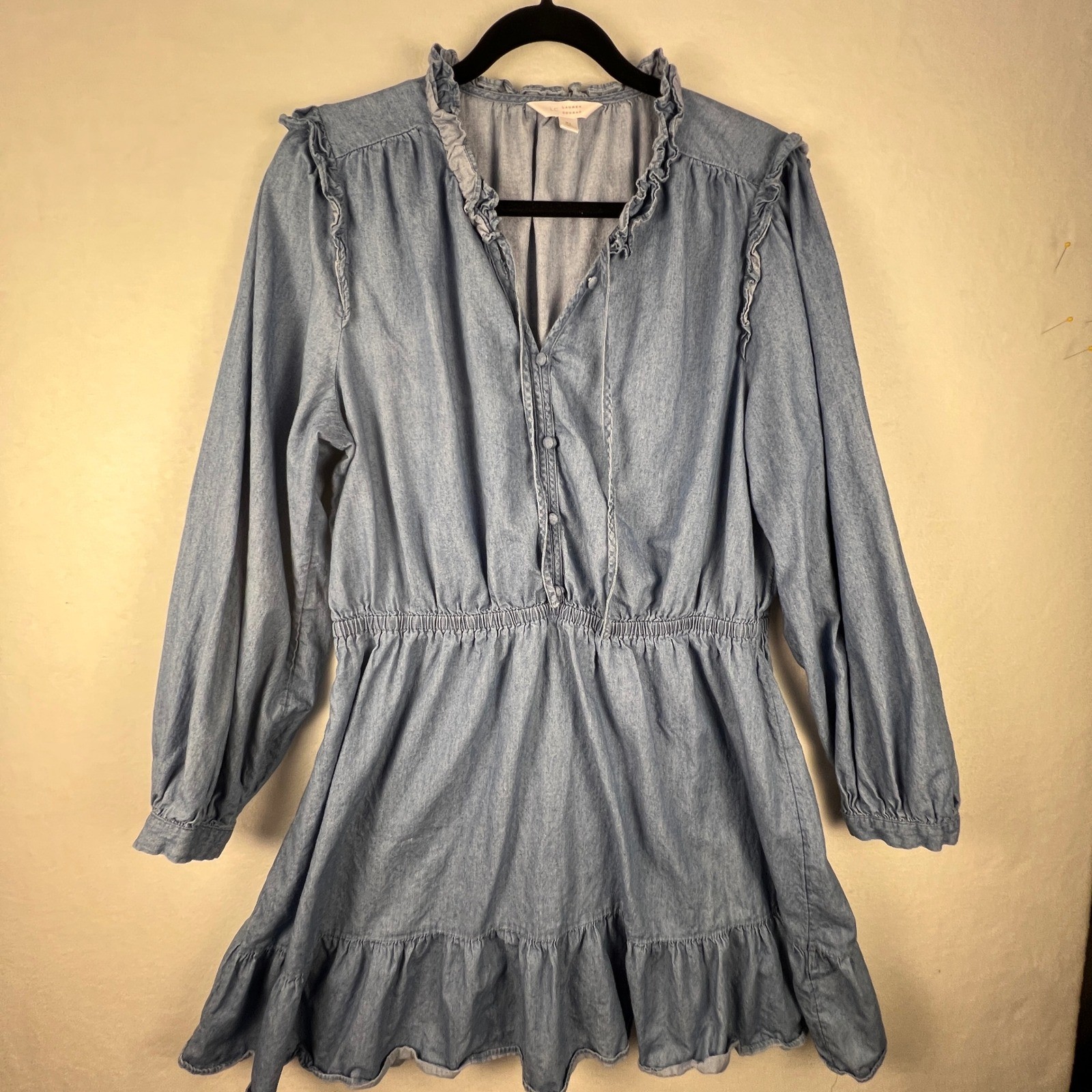 LC Lauren Conrad XL Chambray Romper Blue Ruffle Long Sleeve Cottagecore Boho