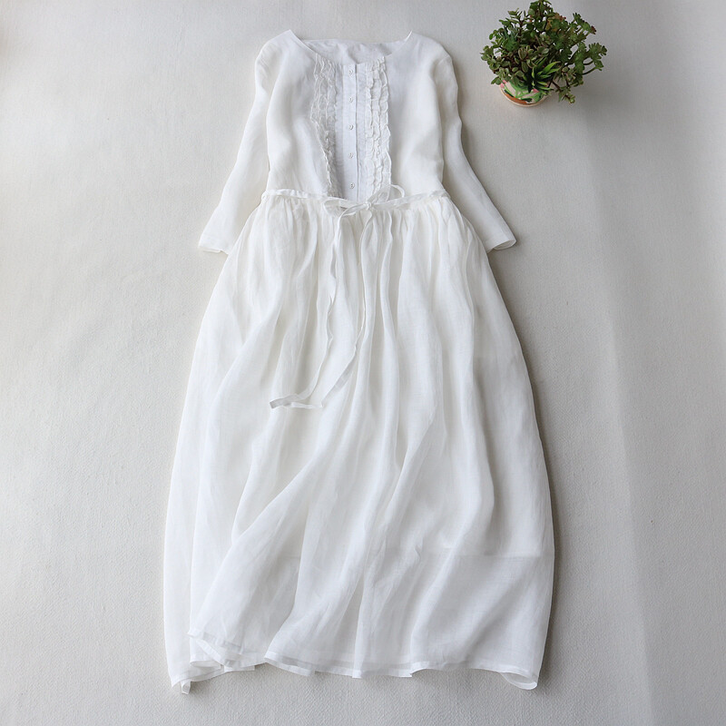 Lady Ruffle Midi Dress Cotton Linen Half Sleeve Asian Waist Belt A-line Dress