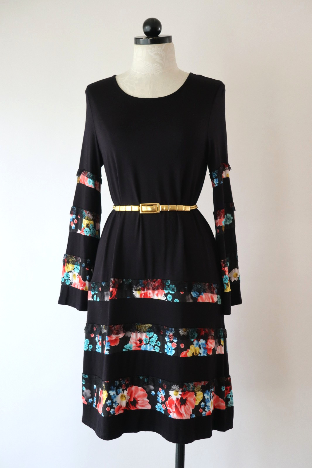 Desigual Black Jersey Colorful Floral Stripes Lace Ruffles Tshirt Dress Women L