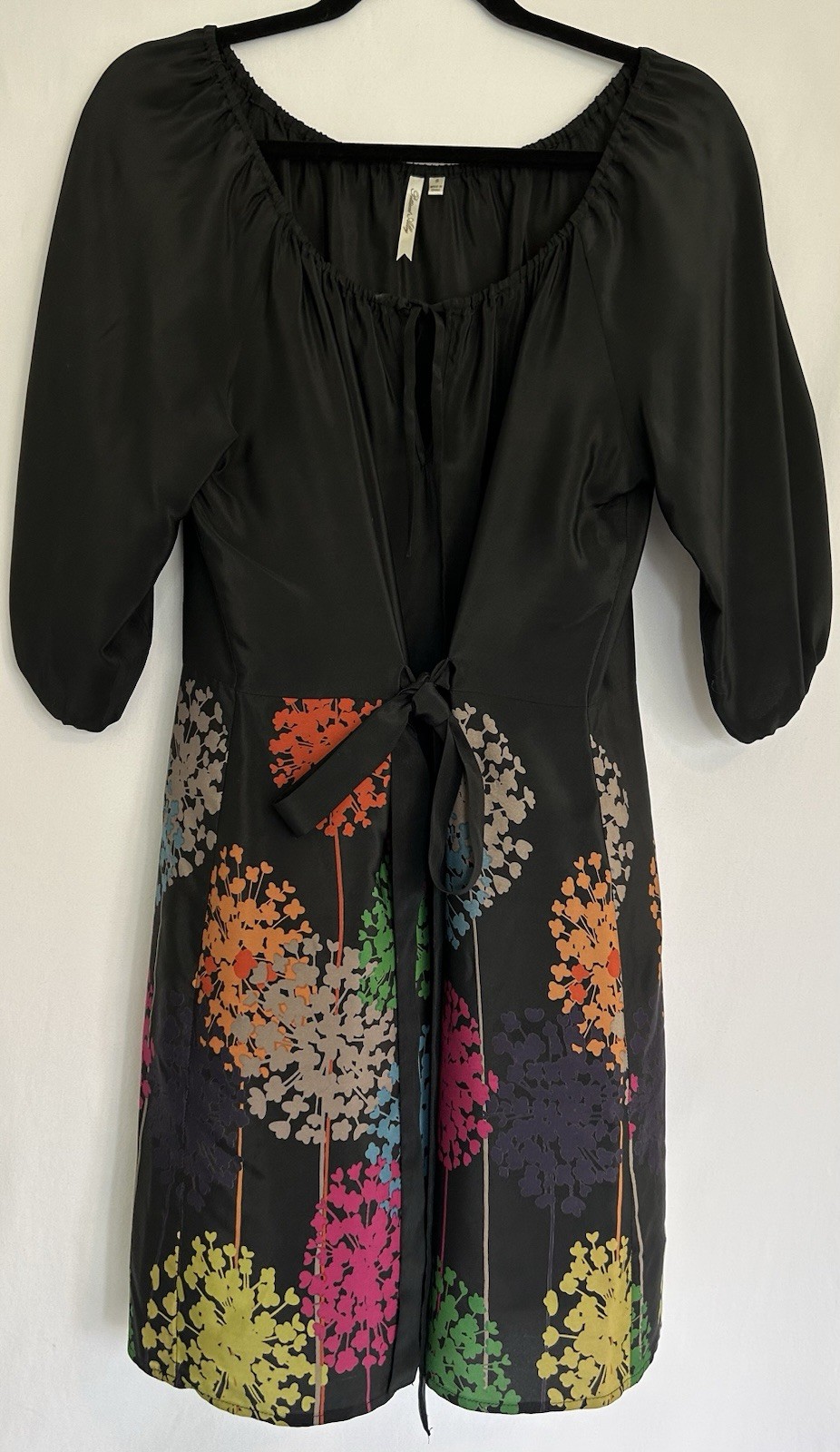 Petticoat Alley Women’s SzS Blk W/ Multicolor Flowers Cinched Waist 100% Silk