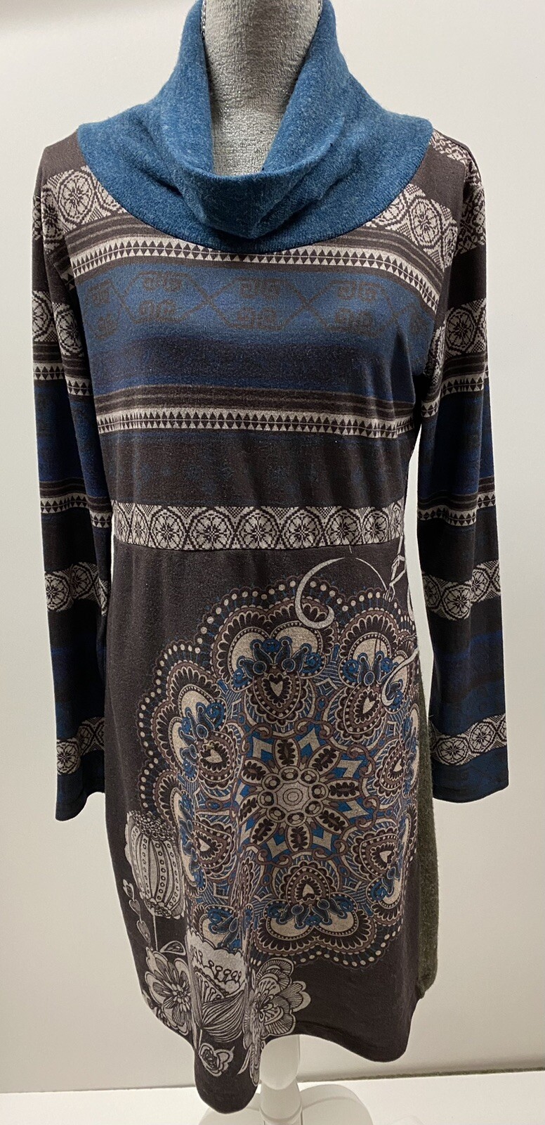 SMASH Women Cowl Neck Brown Patterned Knit Long Sleeve Dress Size Large
