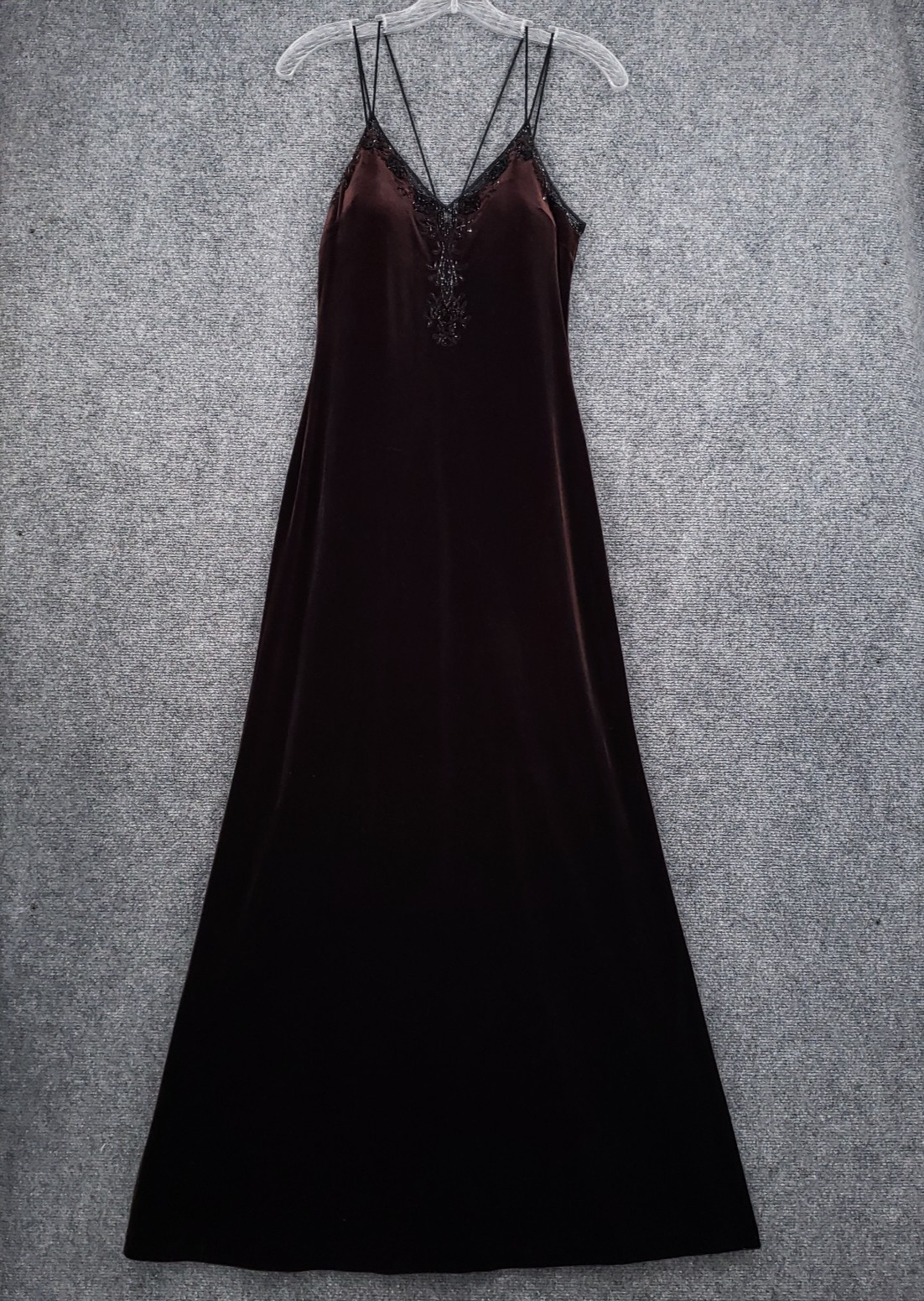 VINTAGE Rimini By Shaw Maxi Dress Womens 4 Brown Velvet Beaded Gown V Neck