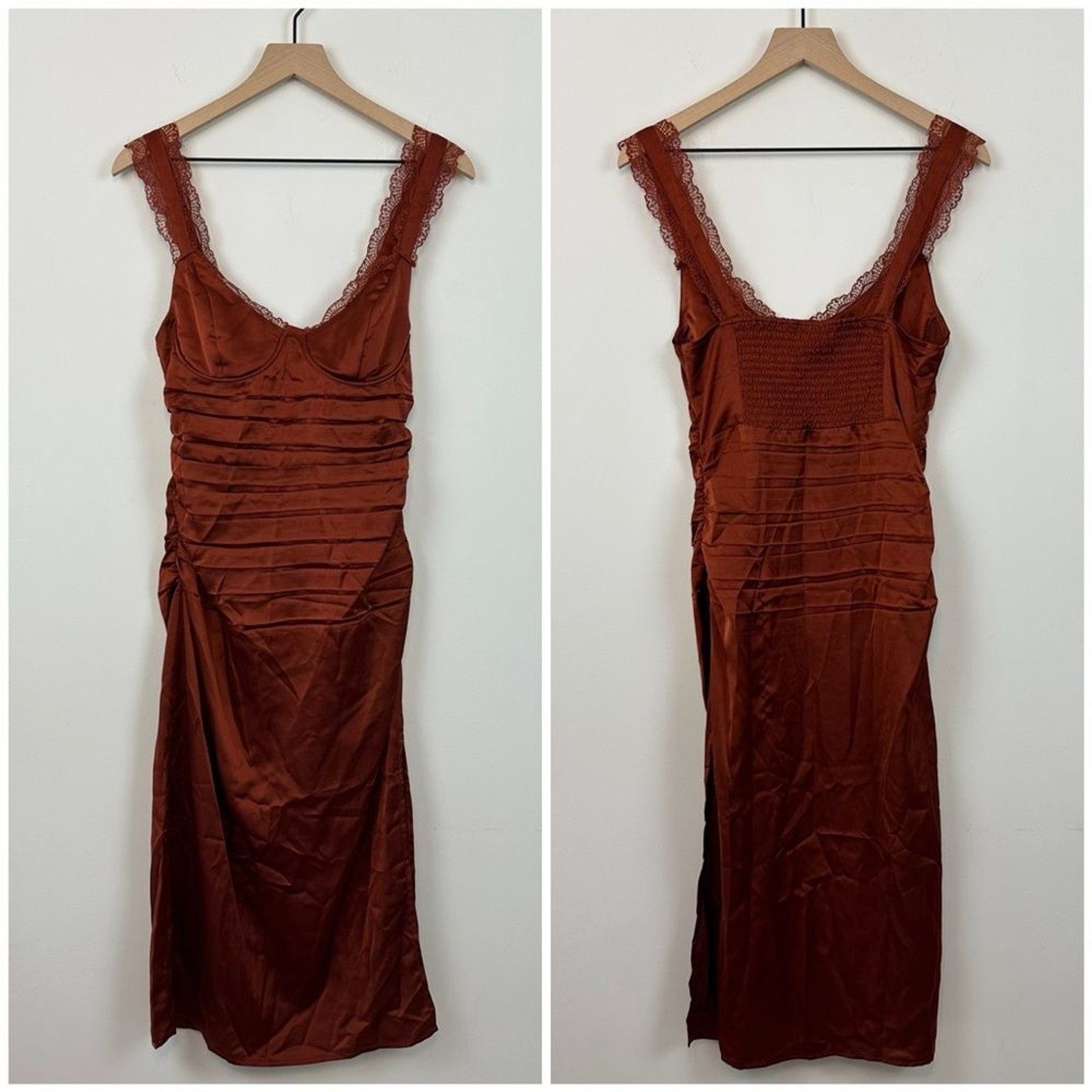 NEW! ASTR The Label Rust Copper Satin Lace Detail Ruched Underwire Midi Dress, M