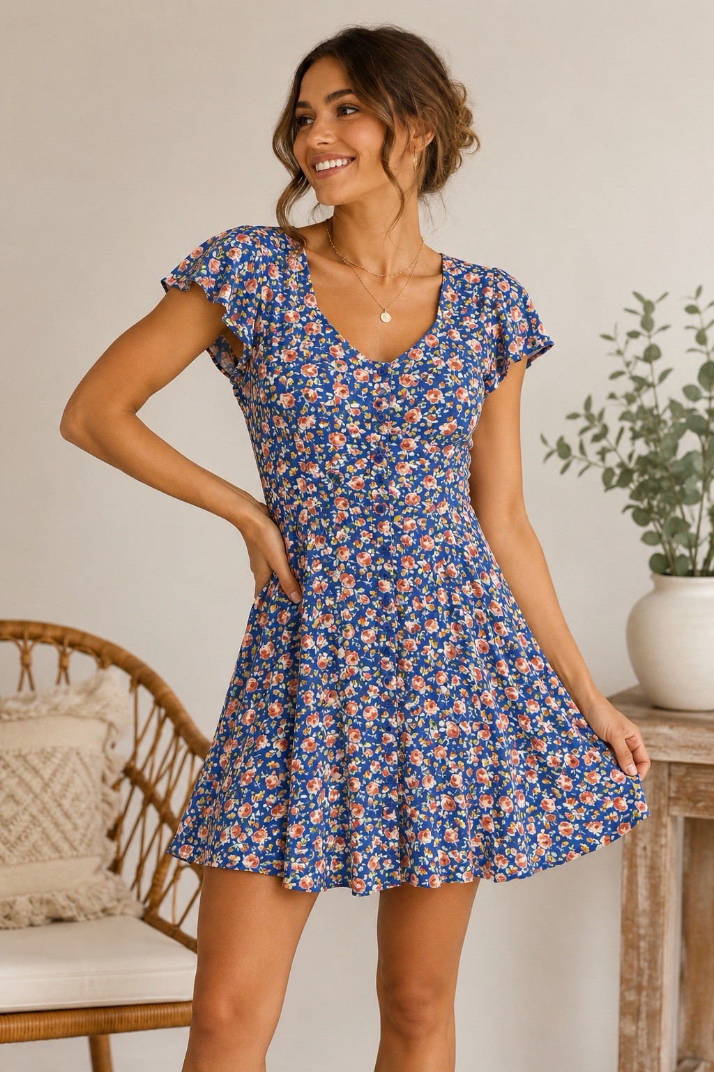 Band of Gypsies Floral Mini Dress Women’s Large Blue Rose Lace Up Back Boho