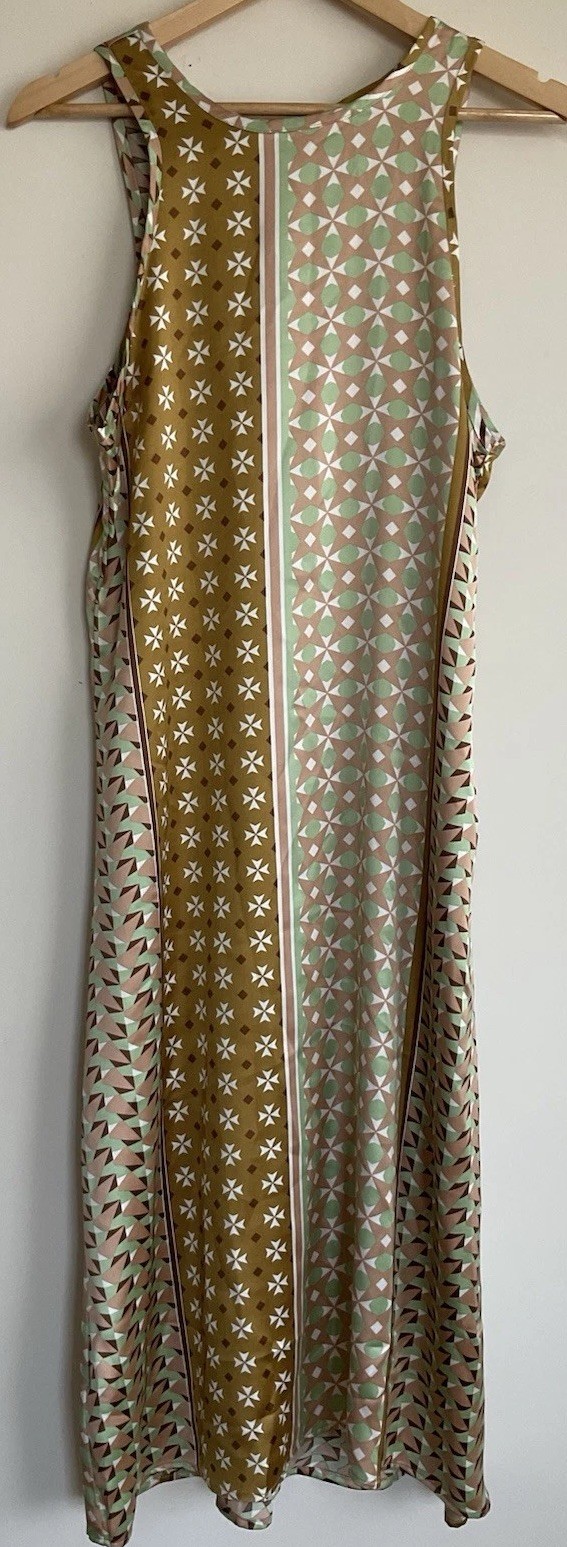 NWT Revolve House of Harlow 1960 Dress Gold Green Satin Geometric Floral Midi