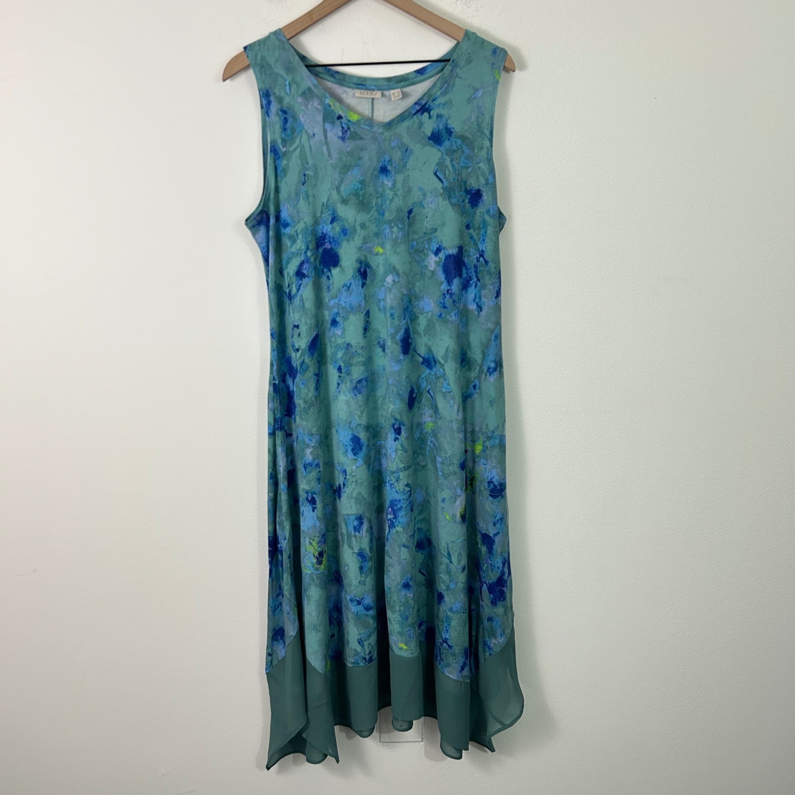 LOGO Midi Dress Large Teal Blue Abstract Floral Sharkbite Stretchy Coastal