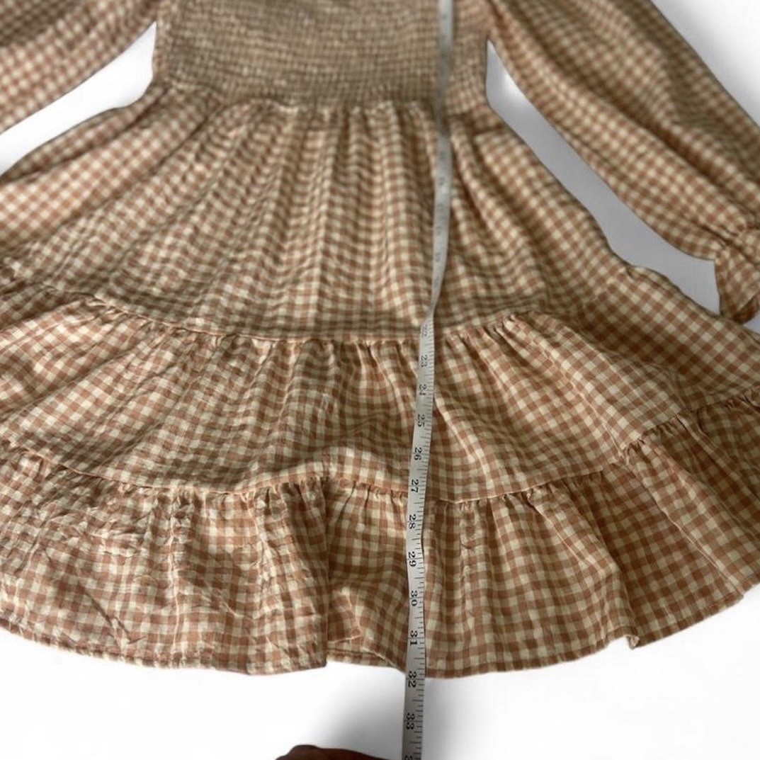 Peach Gingham Smocked Bodice Tiered Ruffle Mini Dress Long-sleeve Size Small