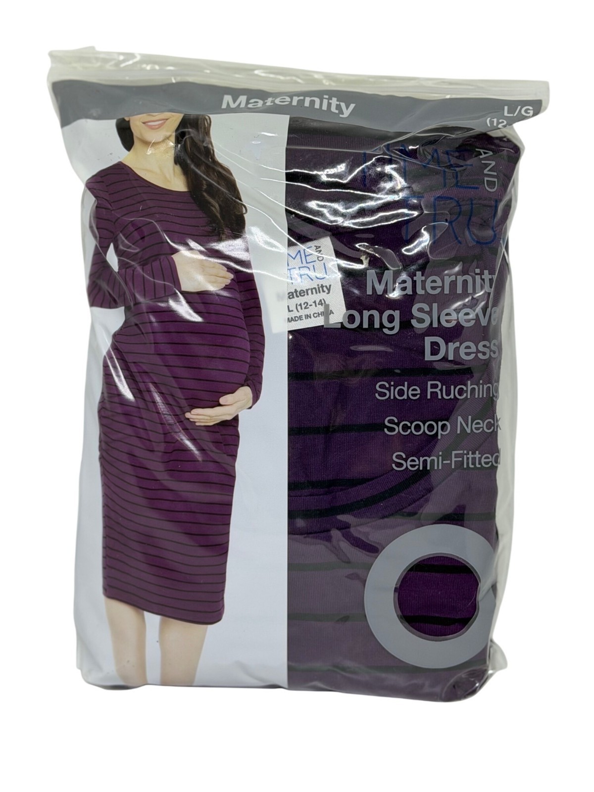 NEW Time and Tru Maternity LS Dress Large 12-14 Purple Black Stripes Semi-Fitted