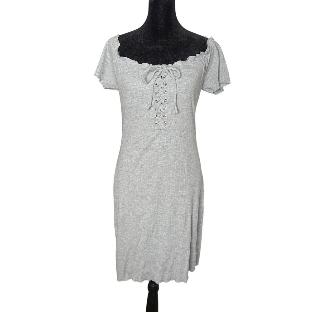 Off Shoulder Lace Up Ribbed Mini Dress L Gray Balletcore Fairycore Cottagecore