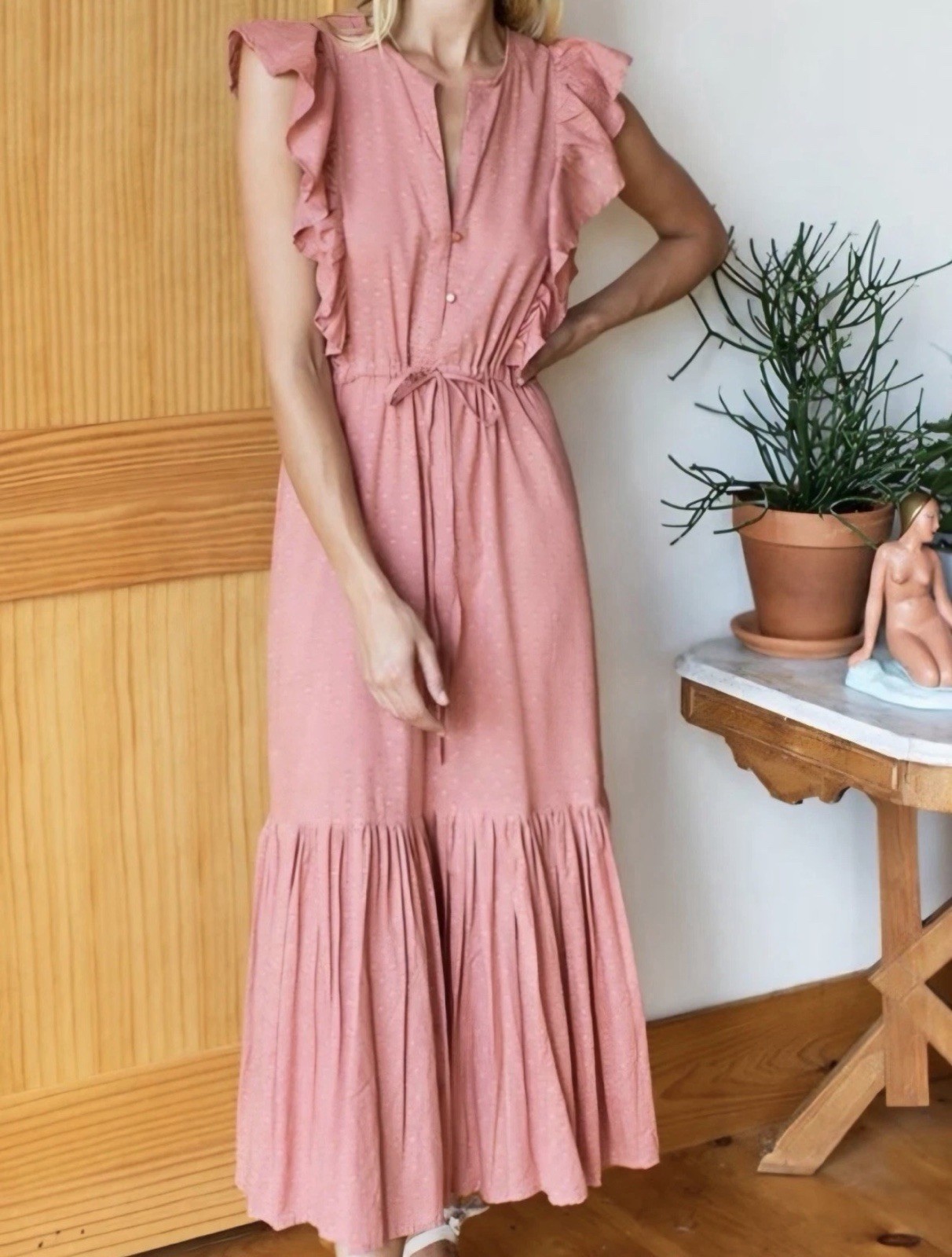 Emerson Fry India Collection Chandra Midi Dress Swiss Dot Muted Clay Size Medium