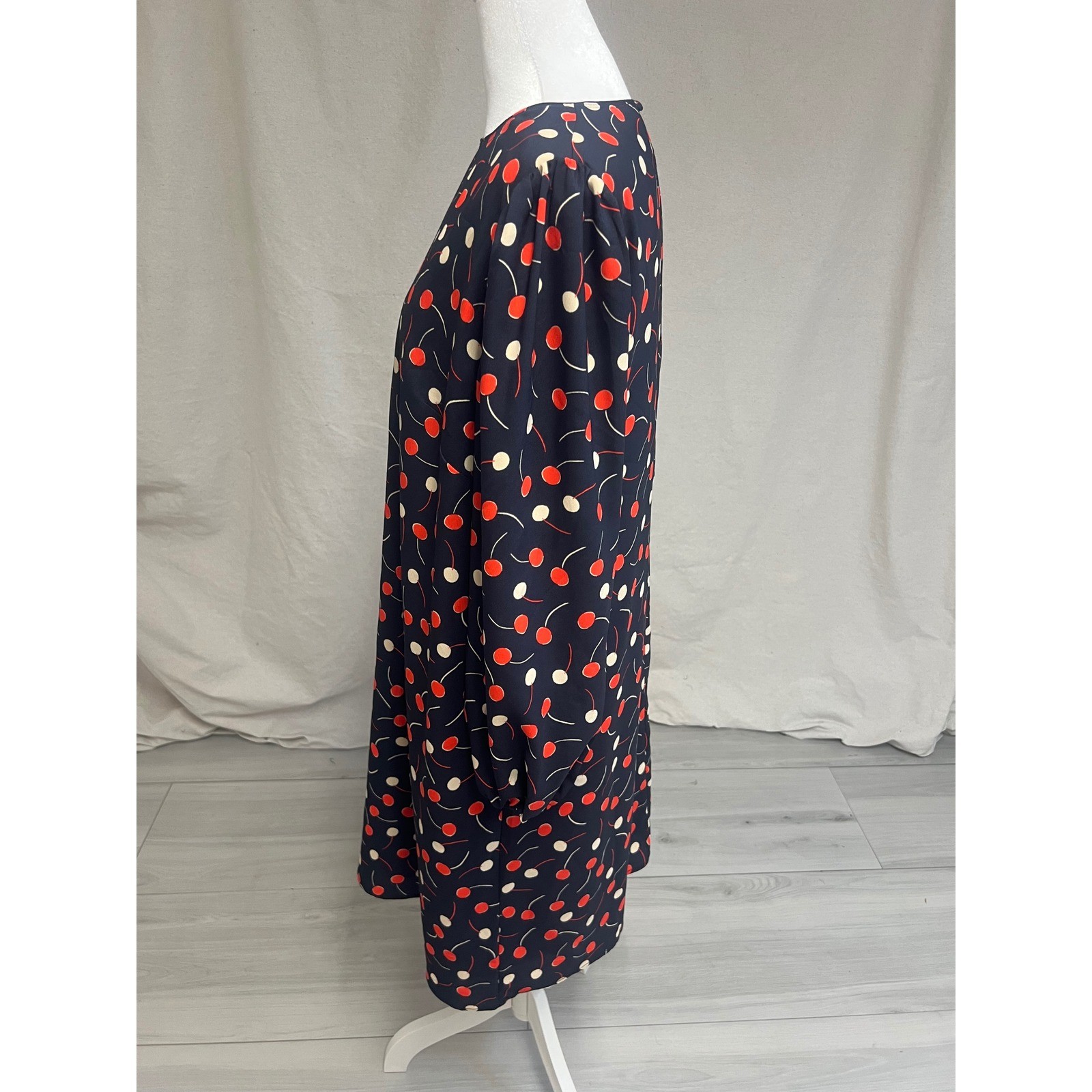 Retro Ann Taylor Cherry Dress Shift Long Sleeve Navy Red Sz L Office Academia
