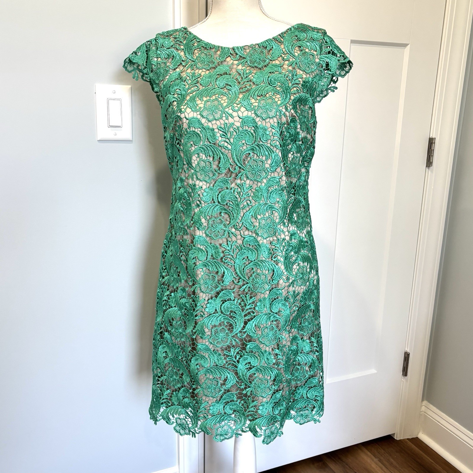 Eliza J Cap Sleeve Sheath Teal Green Lined Summer Cocktail Wedding Lace Dress 6