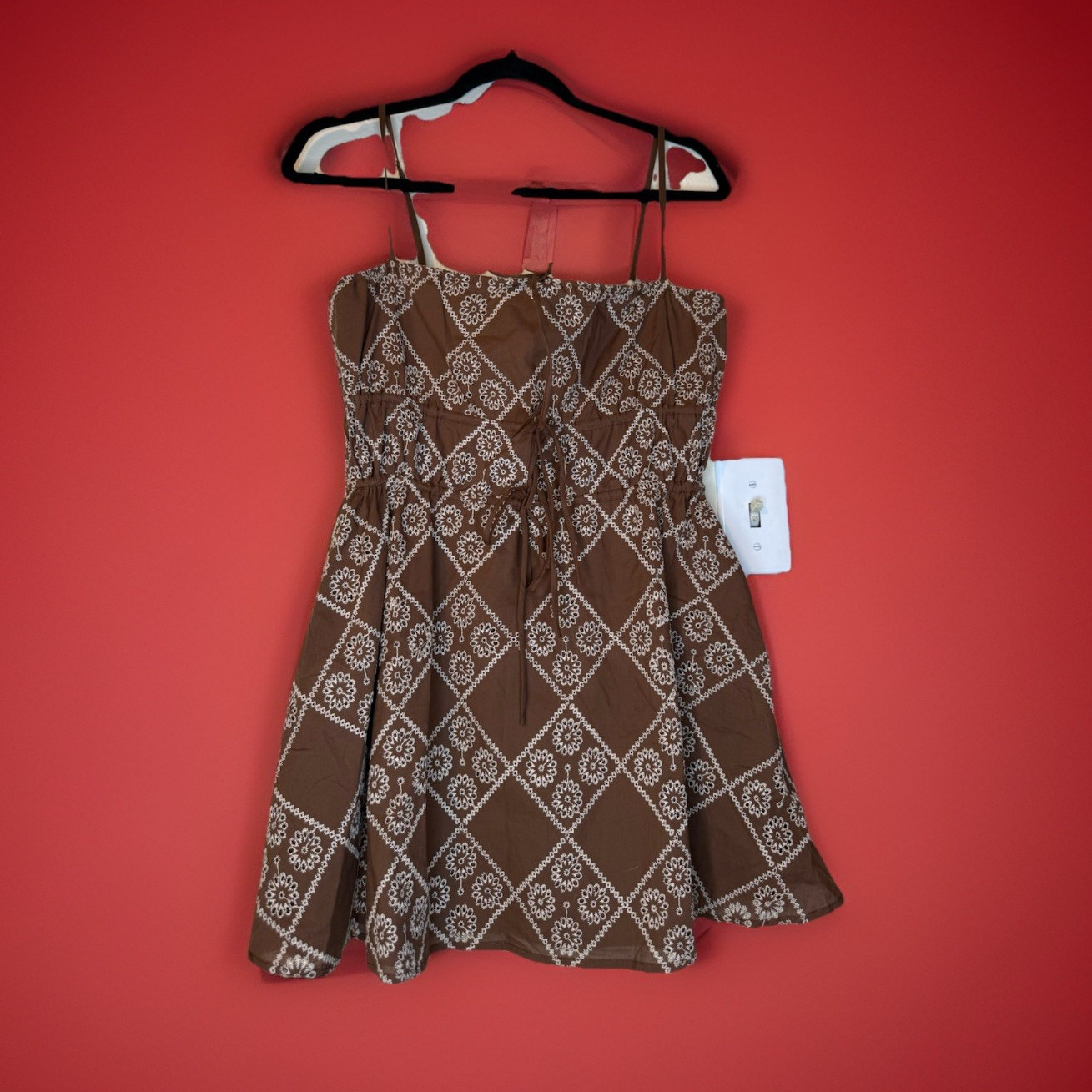 SABO Brown/White Geometric Square Neck Spaghetti Strap Mini Dress Size S