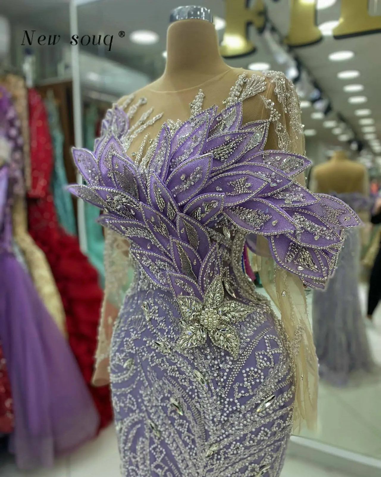 Lilac Purple Mermaid Evening Dresses Long Sleeves Crystals Beaded Party Gowns