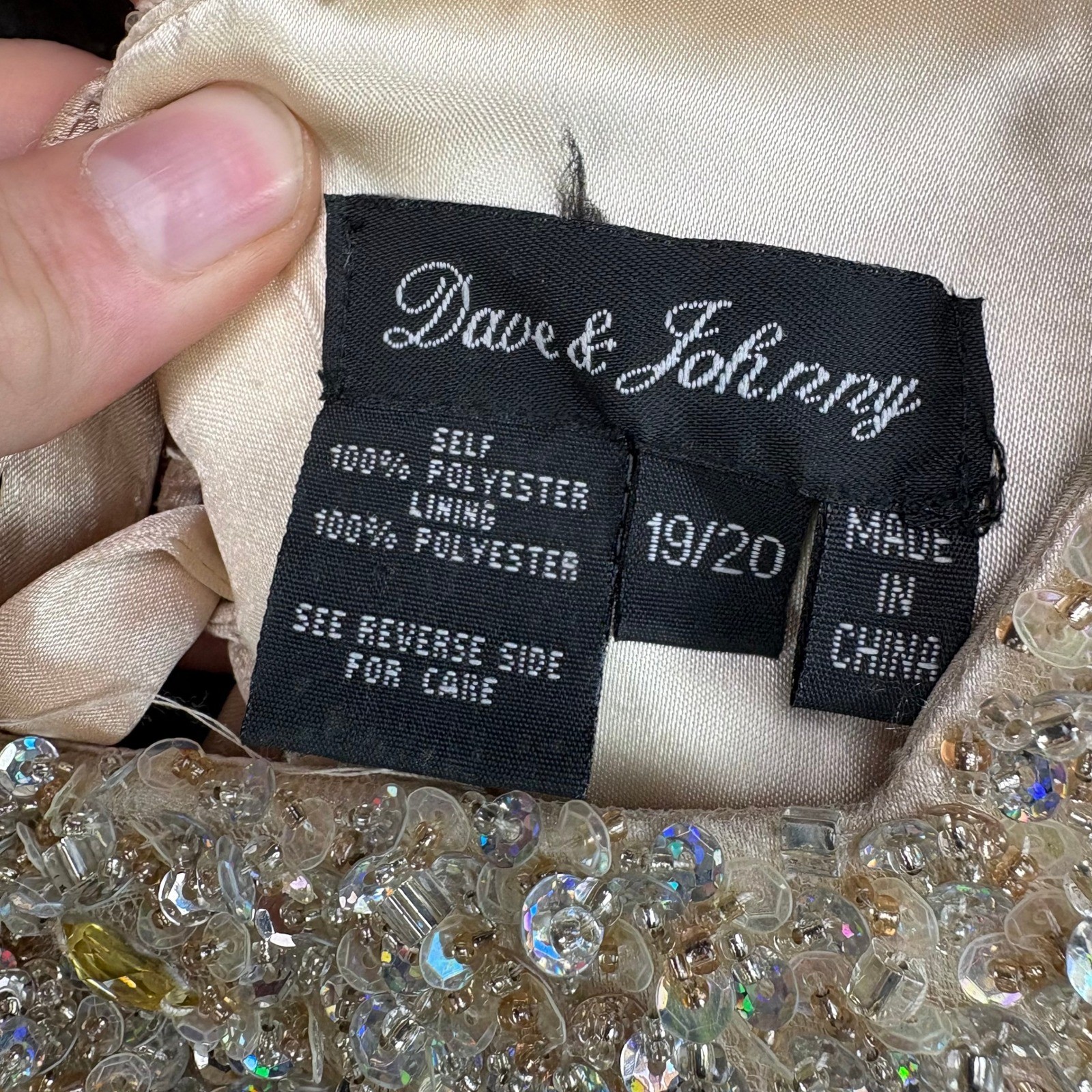 Dave & Johnny Champagne Sequin Beaded Tulle Prom Gown Dress 19/20 Plus Size