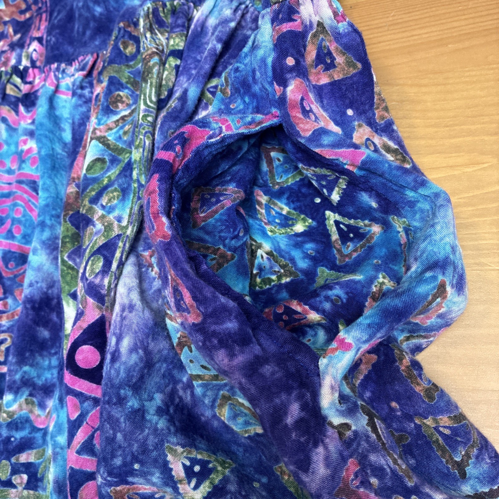 Batik Tie Dye Babydoll Mini Dress Tunic Blue Purple Flowy Boho Vtg Pockets S M 8