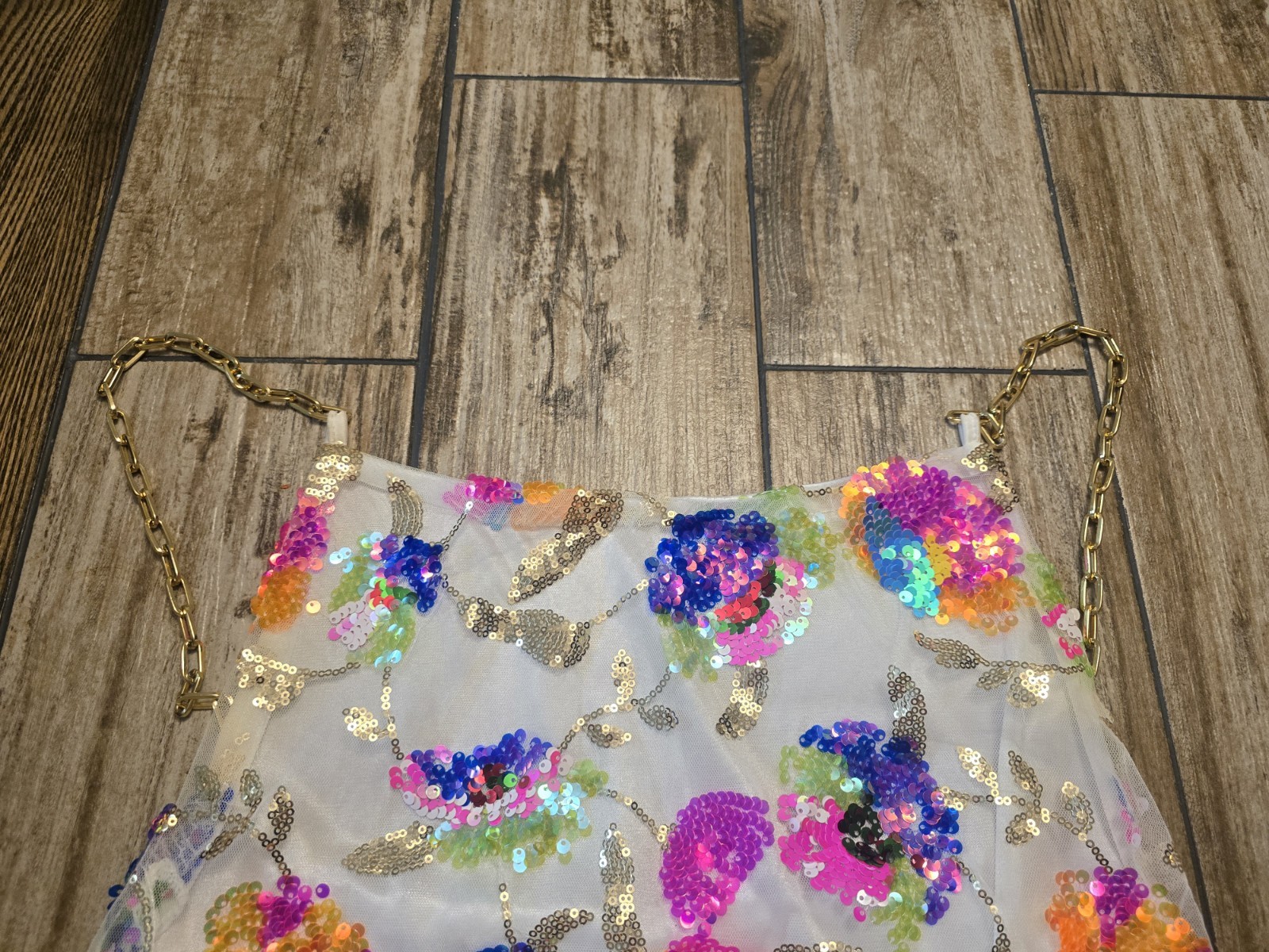 Womans Rainbow Sequin Mesh Overlay Dress Chain Strap Size Small. Festival.Y2k.