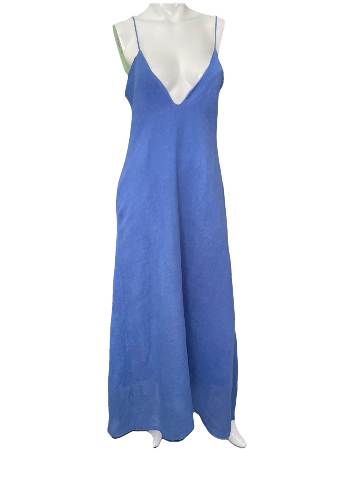 ZARA NWT WOMAN S/M Linen maxi DRESS V Plunge PocketsLined