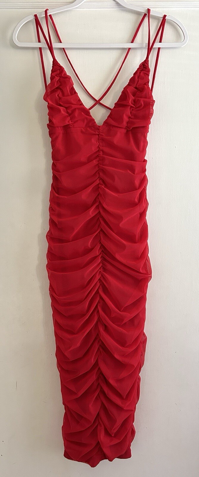 Michael Costello X Revolve Fiji Red Ruched Midi Dress Size Small